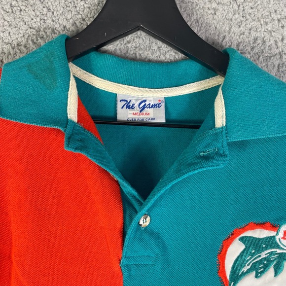 Vintage 90s The Game Miami Dolphins Split Polo Medium NFL Logo Shirt Teal Orange - Picture 10 of 15